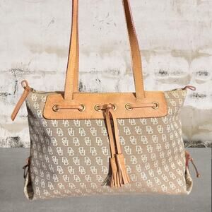 Dooney & Bourke Signature Canvas Tan Leather Tassel Tote Purse
